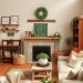 A cozy living room styled in chic farmhouse decor with wooden accents, greenery, and soft textures.