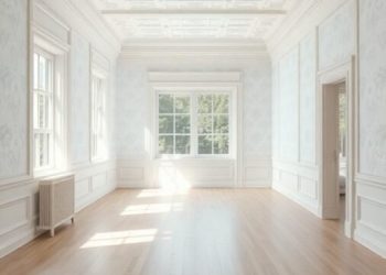 A spacious room with white wallpaper and a detailed ceiling, featuring large windows and light wood flooring.