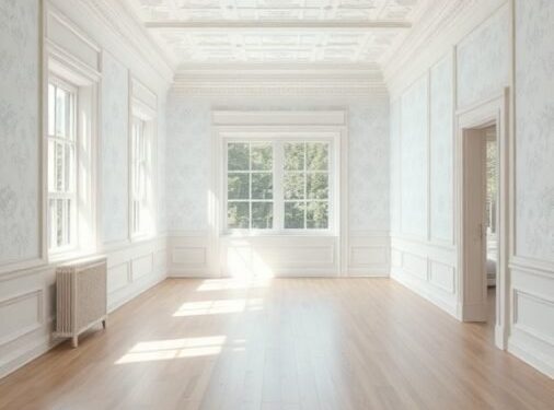 A spacious room with white wallpaper and a detailed ceiling, featuring large windows and light wood flooring.