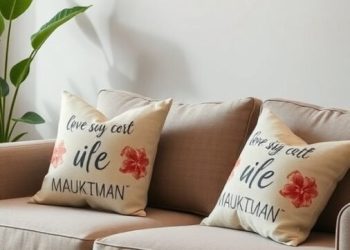 Cozy sofa with customized throw pillows featuring unique designs and floral patterns.