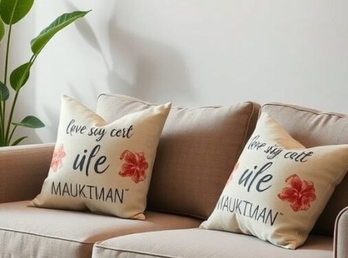 Cozy sofa with customized throw pillows featuring unique designs and floral patterns.