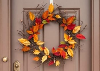 A DIY wreath made of colorful fall leaves hanging on a door.