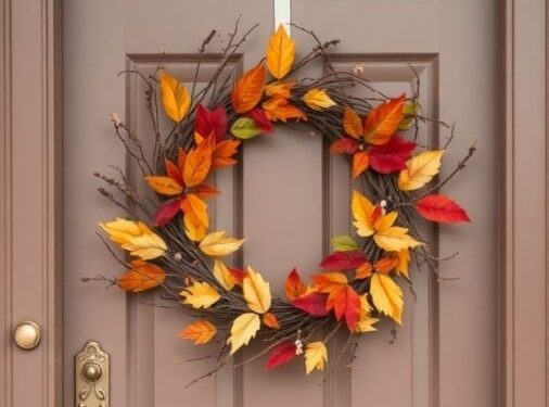 A DIY wreath made of colorful fall leaves hanging on a door.