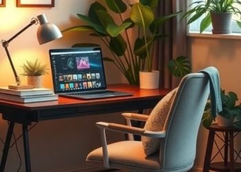 Cozy home office with a desk, computer, plants, and warm lighting.