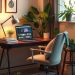 Cozy home office with a desk, computer, plants, and warm lighting.