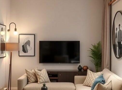 A small living room featuring two pendant lights, a cozy sofa, and decorative plants.