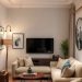 A small living room featuring two pendant lights, a cozy sofa, and decorative plants.