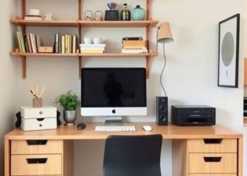A small home office setup with a desk, computer, and organized shelves.