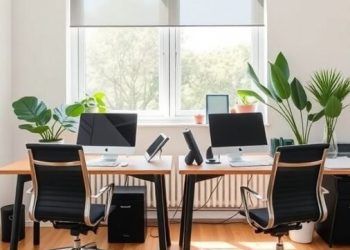 A double desk home office setup with two desks facing each other, equipped with monitors and plants.