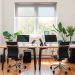 A double desk home office setup with two desks facing each other, equipped with monitors and plants.