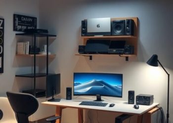 A modern home office setup featuring a desk, computer monitor, speakers, and stylish lighting.