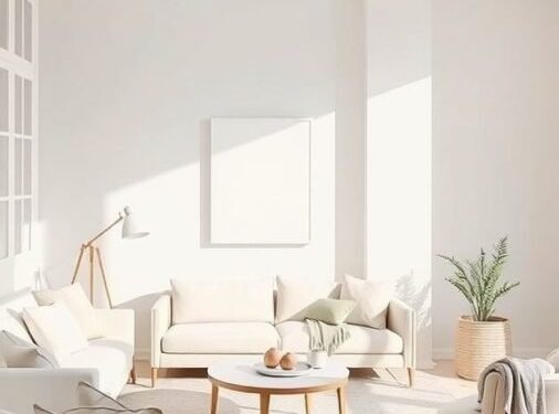A minimalist living room with neutral colors, featuring soft beige sofas, a round coffee table, and a potted plant.