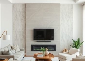 A neutral living room with a patterned accent wall, light furniture, and wooden flooring.