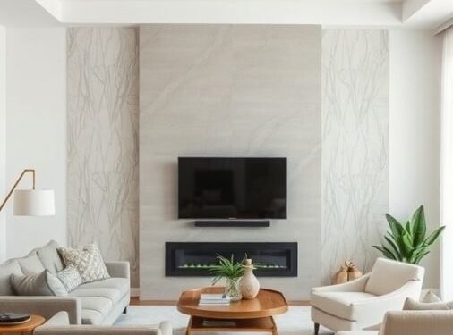 A neutral living room with a patterned accent wall, light furniture, and wooden flooring.