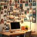 A home office wall decorated with a variety of personal photos, showcasing memories and moments.