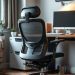 A modern ergonomic office chair in a home office setting, with a computer desk and decorative elements.