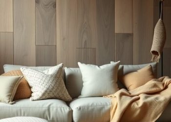 A cozy living room with a light-colored sofa, various textured pillows, and a decorative rug on a wooden floor.