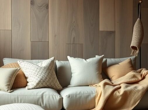 A cozy living room with a light-colored sofa, various textured pillows, and a decorative rug on a wooden floor.