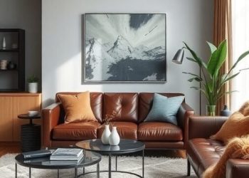 A contemporary living room featuring leather sofas, a shaggy rug, and modern decor elements.