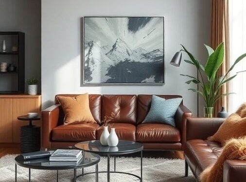 A contemporary living room featuring leather sofas, a shaggy rug, and modern decor elements.