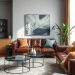 A contemporary living room featuring leather sofas, a shaggy rug, and modern decor elements.