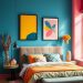 A vibrant bedroom featuring bold blue walls, a pink ceiling, colorful artwork, and a mix of bedding colors.