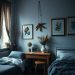 A cozy dark academia bedroom featuring nature-inspired decor with botanical prints and warm wooden furniture.