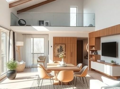A bright and airy open concept living room with high ceilings, large windows, and a cozy seating area.