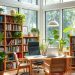 A bright home office library with large windows, bookshelves, and plants.