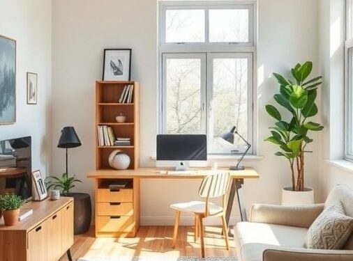 A bright home office with a desk, chair, sofa, and plants, showcasing a flexible furniture arrangement.