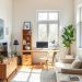 A bright home office with a desk, chair, sofa, and plants, showcasing a flexible furniture arrangement.
