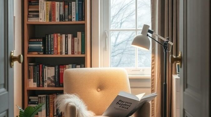 A cozy reading nook featuring a soft chair, a bookshelf filled with books, and a plant, all bathed in natural light.