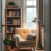 A cozy reading nook featuring a soft chair, a bookshelf filled with books, and a plant, all bathed in natural light.