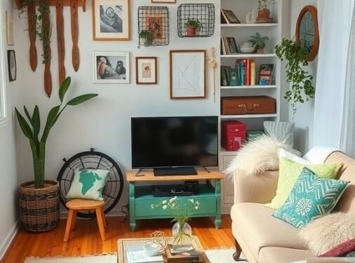 A cozy living room featuring recycled and upcycled decor with plants, wall art, and vintage furniture.