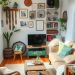 A cozy living room featuring recycled and upcycled decor with plants, wall art, and vintage furniture.