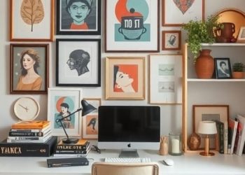 A cozy home office with a stylish desk, framed art on the wall, and decorative items.