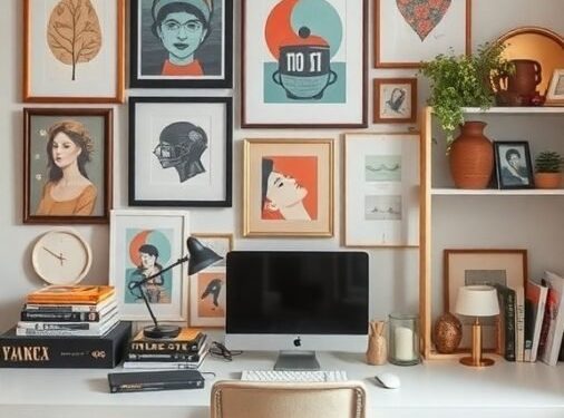 A cozy home office with a stylish desk, framed art on the wall, and decorative items.