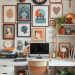 A cozy home office with a stylish desk, framed art on the wall, and decorative items.