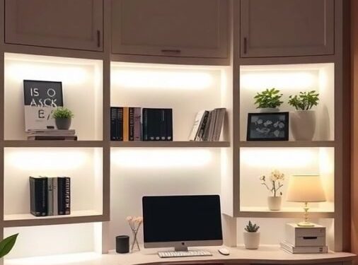 A well-lit home office with built-in shelves, featuring a computer, books, and decorative plants.
