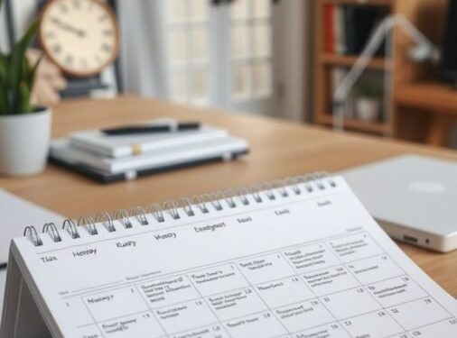 A home office desk with a planner open, a clock, and a laptop, showcasing an organized workspace.