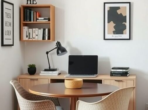 A small home office with a round table, two chairs, a wall-mounted shelf, and a warm color scheme.