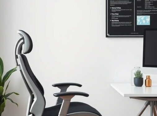 A modern ergonomic office chair beside a sleek desk in a home office setting.