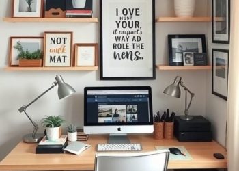 A cozy home office with a desk, computer, plants, and decorative shelves.