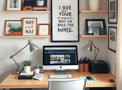 A cozy home office with a desk, computer, plants, and decorative shelves.