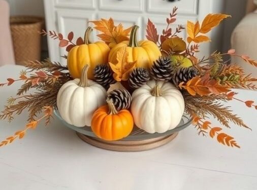 A cozy fall centerpiece featuring pumpkins, pinecones, and autumn leaves.