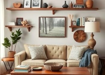 A cozy living room featuring rustic wood elements, warm colors, and decorative shelves.