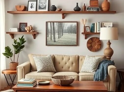 A cozy living room featuring rustic wood elements, warm colors, and decorative shelves.