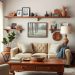 A cozy living room featuring rustic wood elements, warm colors, and decorative shelves.