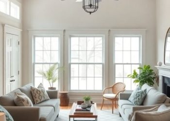 Cozy farmhouse living room with soft sofas, a coffee table, and large windows