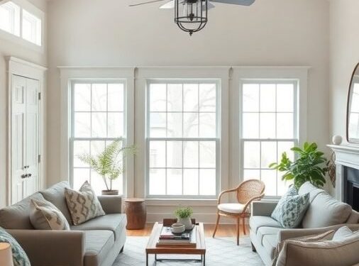 Cozy farmhouse living room with soft sofas, a coffee table, and large windows